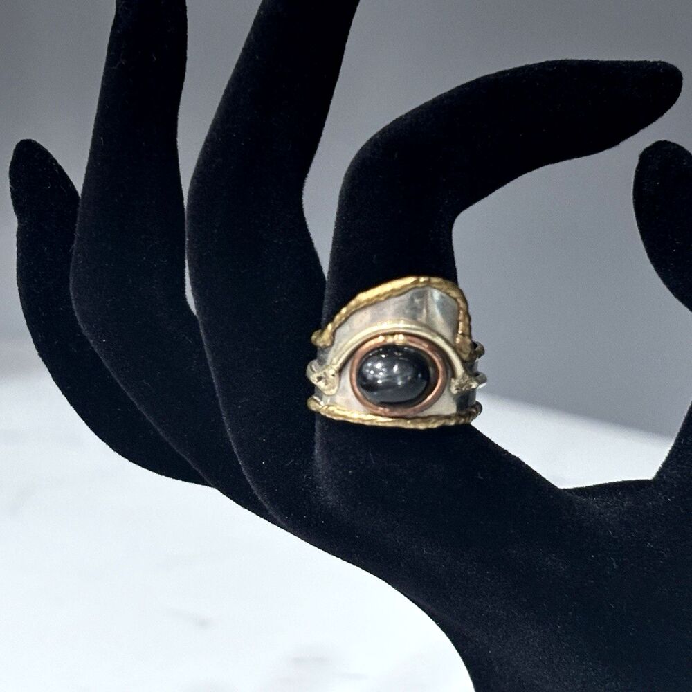 Vintage Artisan Studio Brutalist Mixed Metal Shield Ring Size 9 Black Cabochon
